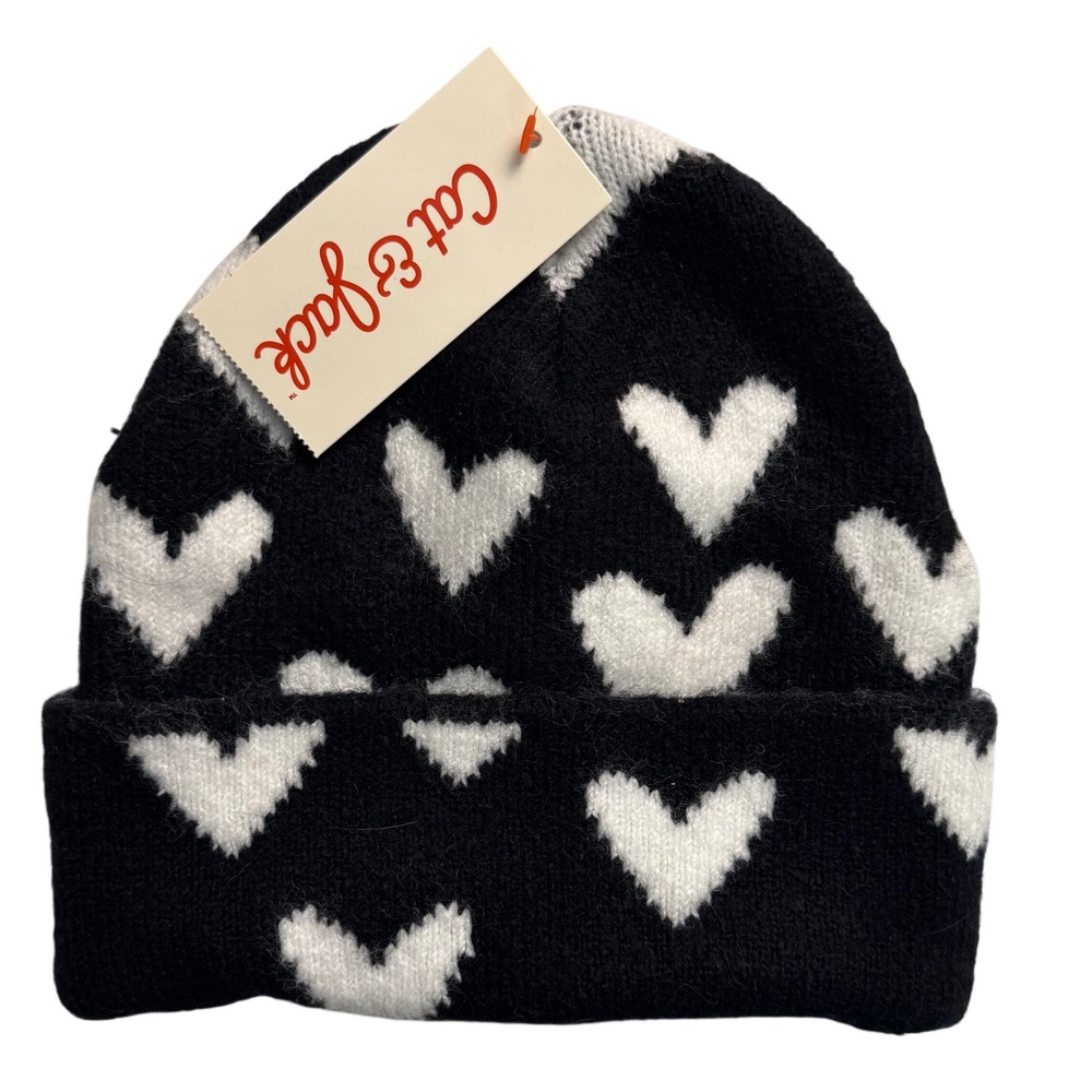 Cat & Jack Girls Black White Heart Knit Beanie Hat OSFM New